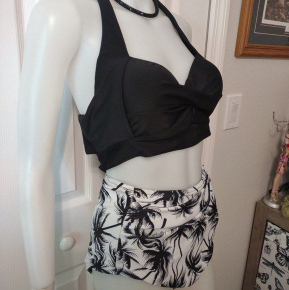 Tempt Me 2 Pc Halter Ruched High Waist Bikini Bottom White & Blk Palm trees 2 XL - Picture 4 of 10